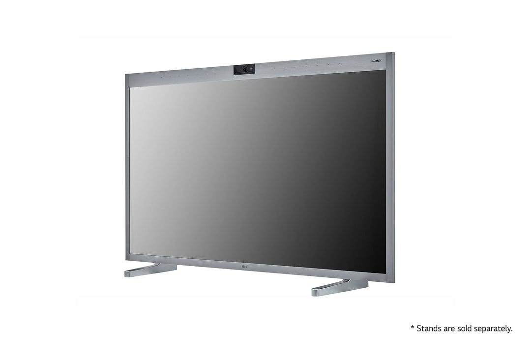 LG 55CT5WJ 55” One:Quick Works All-in-One Meeting & Screenshare Solution with Camera for Video Conferencing Tilted Right View with Crows Feet Stand